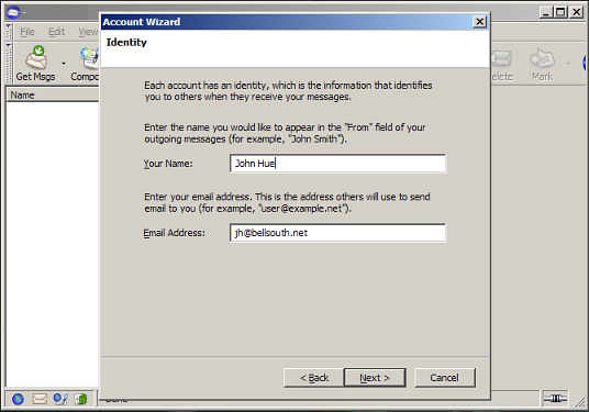 This dialog window allows you to choose the name others see when you email them. Here, also, is where you set the email you'd like others to use to send you email. This address can be different than the one you are setting the account up for