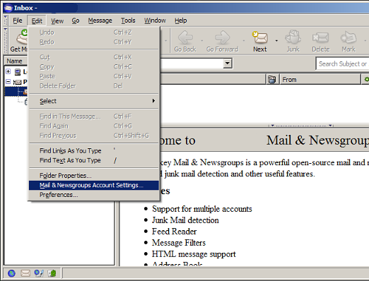 If you need to adjust or change any setting click Edit move down and select Mail & Newsgroups Settings